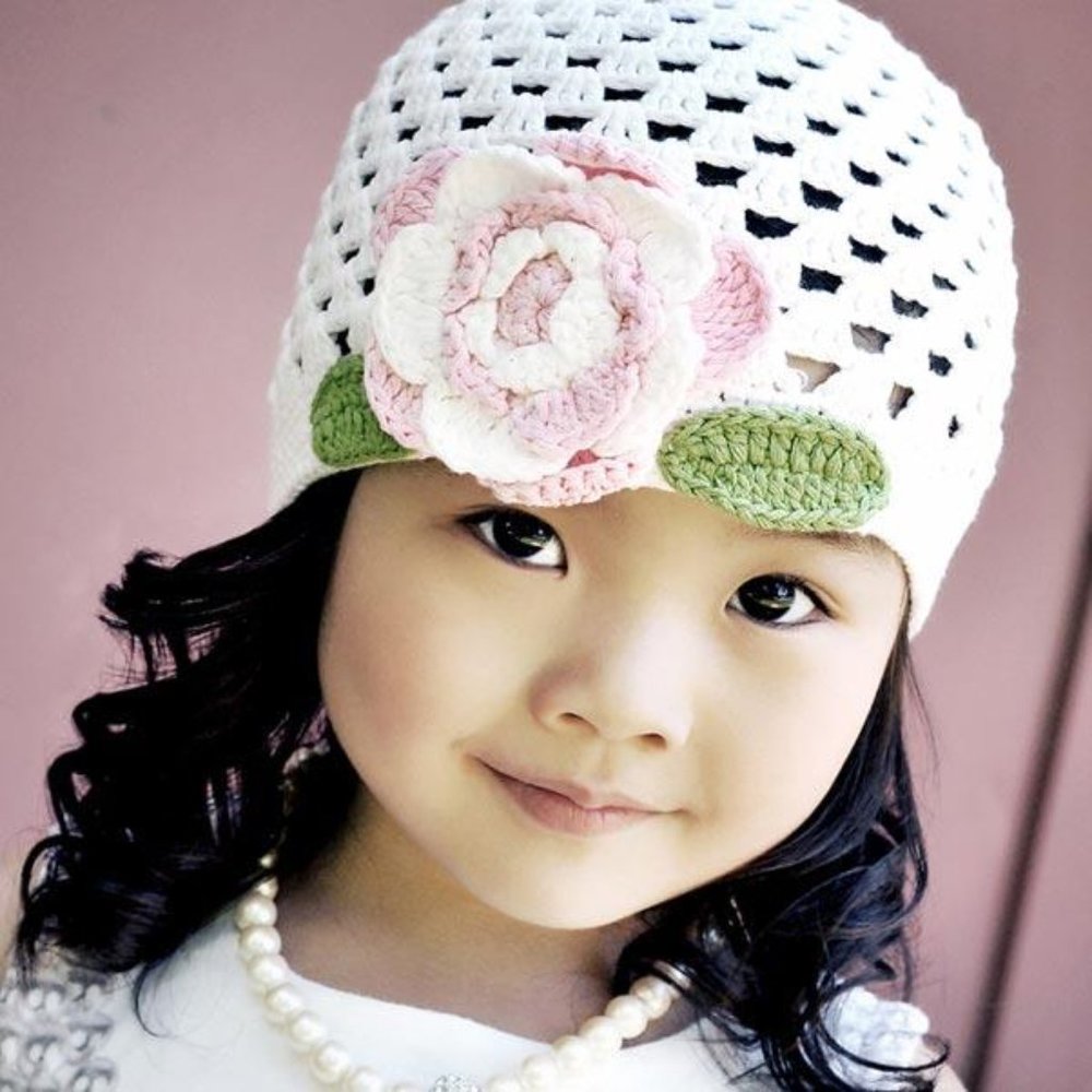 Knit Childs Flowered Beanie Hat